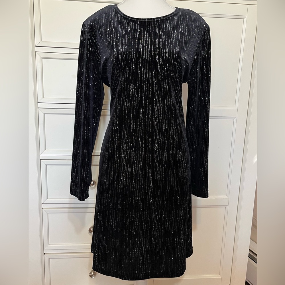 Ronnie Nicole black velvet like dress wit iridescent details. Size 10